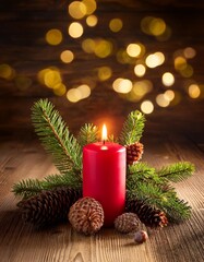 Christmas background - First Advent Sunday - Red Advent candle with natural Xmas decoration, branches and pine cones on rustic wood with magic lights