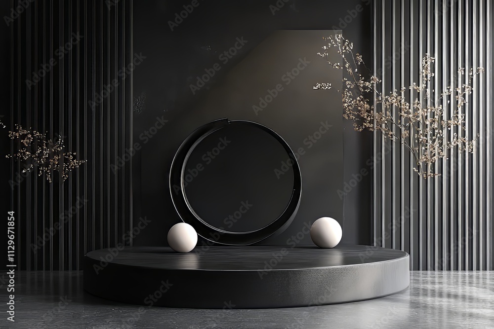 Aufkleber elegant modern interior design showcasing circular elements and minimalistic decor in a dark setting