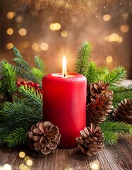 Christmas background - First Advent Sunday - Red Advent candle with natural Xmas decoration, branches and pine cones on rustic wood with magic lights