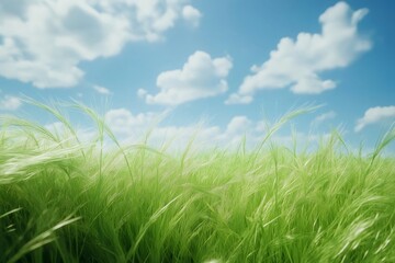 Obraz premium Green grass field blowing in the wind under a beautiful cloudy blue sky on a sunny summer day