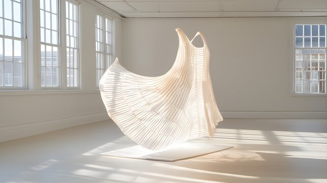 Unique fashion collection made from upcycled fabrics, displayed in an airy, minimalist gallery; intricate details of each piece highlight sustainable art--style raw