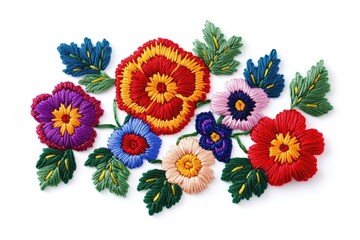 Embroidered flowers on the fabric. Ukrainian folk hand embroidery. On white background. Isolated