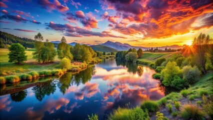 Fototapeta premium Sunset reflection over serene river mountain landscape nature photography