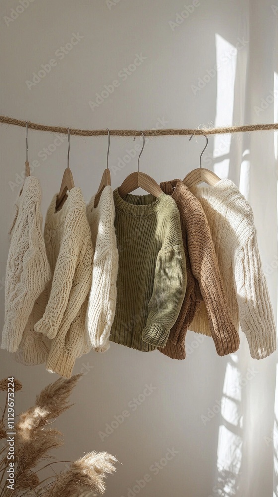 Poster a delightful array of knitted sweaters hangs gracefully against a softly lit wall, showcasing a blen