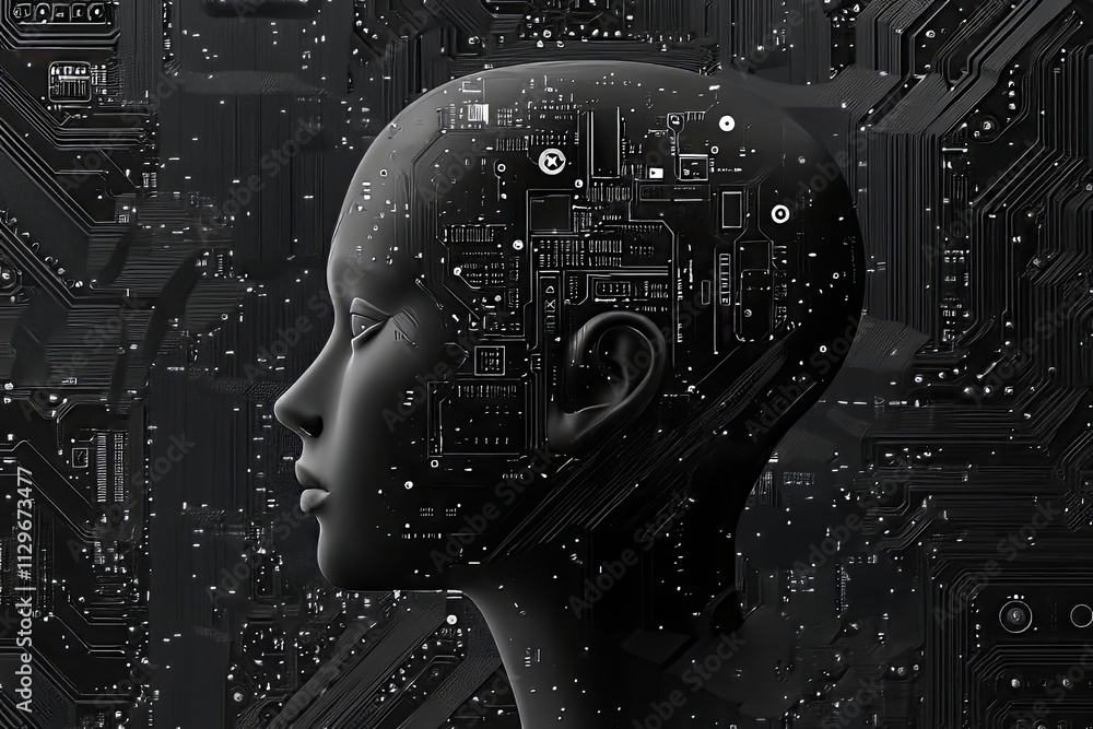 Poster exploring the intersection of artificial intelligence and human-like forms in a digital landscape. g