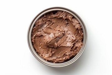 Canned food for cats and dogs on white background Pet nutrition in metal container