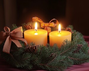 Three golden candles glow warmly in a festive wreath adorned with shiny ribbons and pine cones.