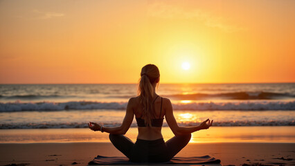 Fototapeta premium A serene beach yoga session at sunrise, with soft waves and a glowing sky. The peaceful atmosphere reflects mindfulness, wellness, and spiritual balance.