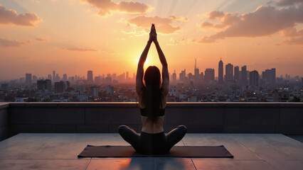 A yoga session on an urban rooftop at sunset, balancing inner peace and city life. The contrast of nature-inspired poses with the modern skyline symbolizes harmony.