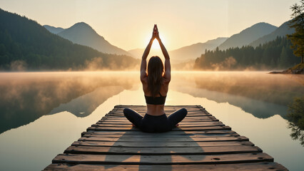 A quiet yoga session on a lakeside dock at dawn, symbolizing reflection, inner peace, and mindfulness in nature's serene beauty.