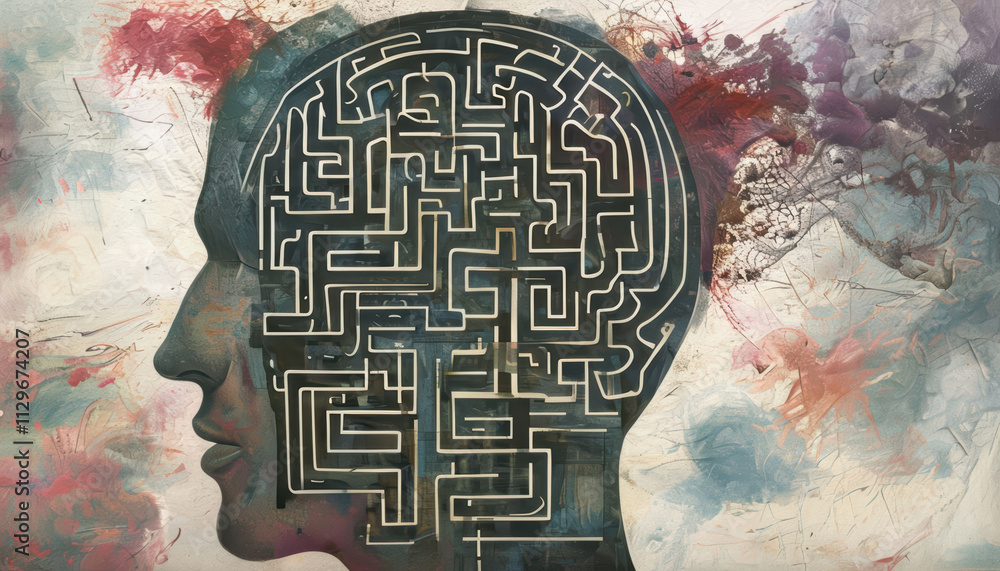 Poster human mind represented as labyrinth, featuring complex paths and dead ends, symbolizes tangled thoug
