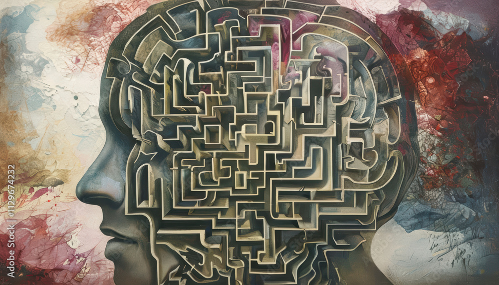 Poster human mind represented as labyrinth, featuring complex paths and dead ends, symbolizes tangled thoug