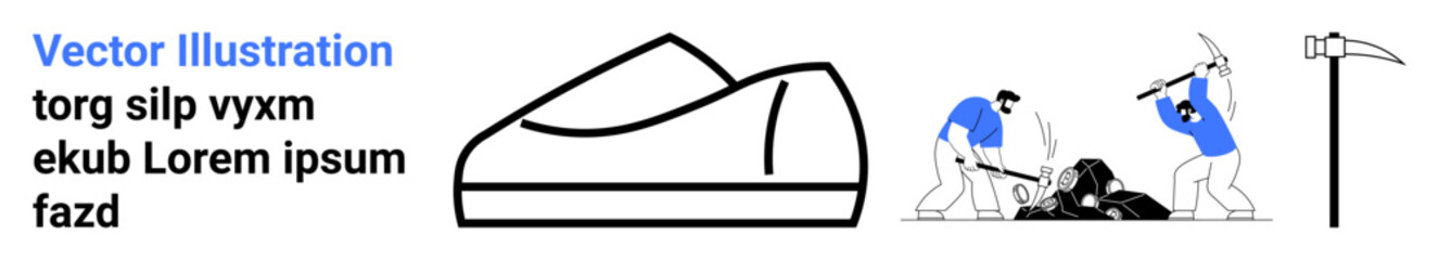 Industrial shoe, two workers mining rock, pickaxe, and hammer. Ideal for mining, footwear industry, work safety, equipment, labor, industrial activity, and tools themes. Landing page