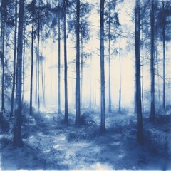 Fototapeta premium A serene blue-toned forest scene, featuring tall trees shrouded in mist, creating a tranquil and mysterious atmosphere.