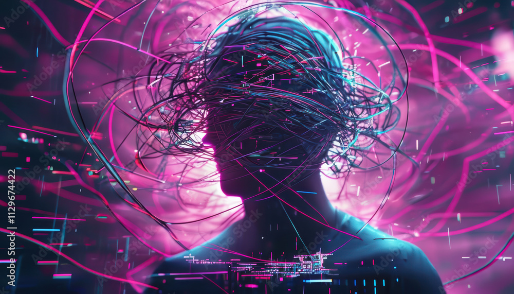 Poster chaotic whirlwind of tangled lines and digital glitches spiraling out of human silhouette, creating 