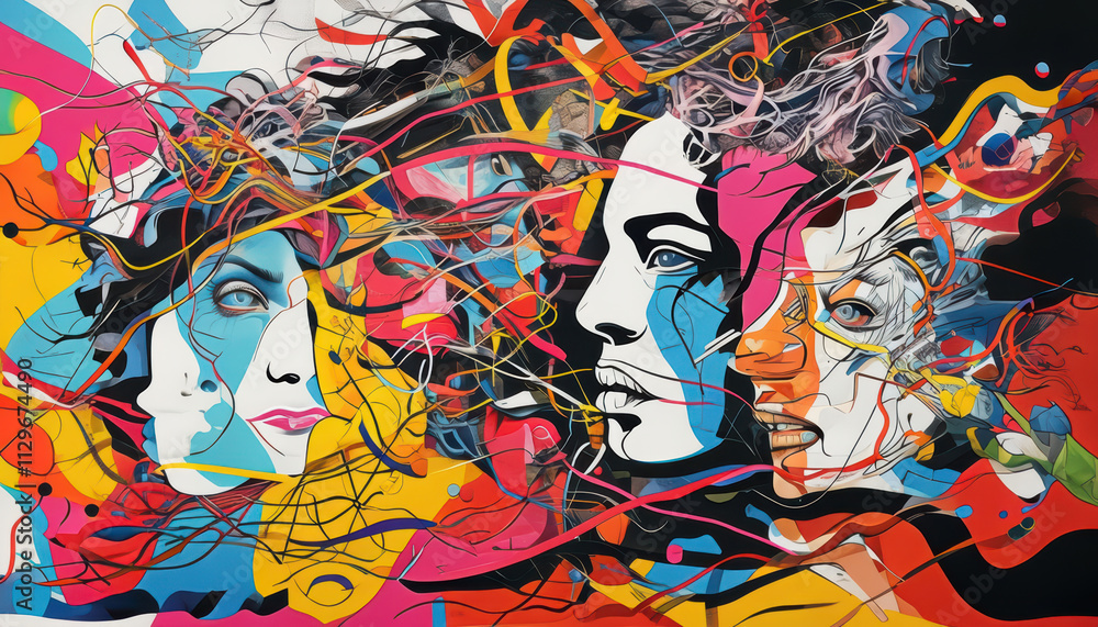 Poster vibrant collage of disjointed human faces merged with chaotic abstract shapes and lines, representin