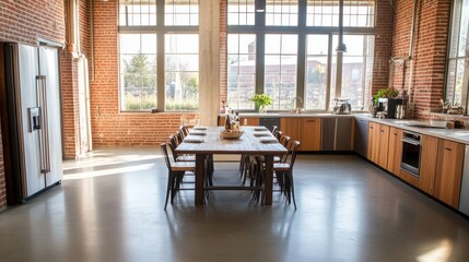 Obraz premium Sunlit Industrial Kitchen Dining Area With Wooden Table
