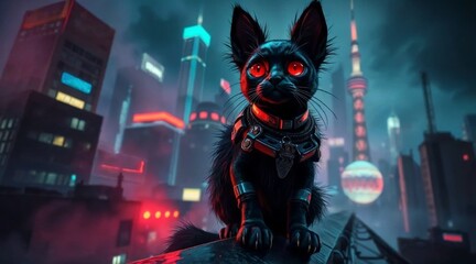 cyberpunk cat against a neon city background for unique graphic designs