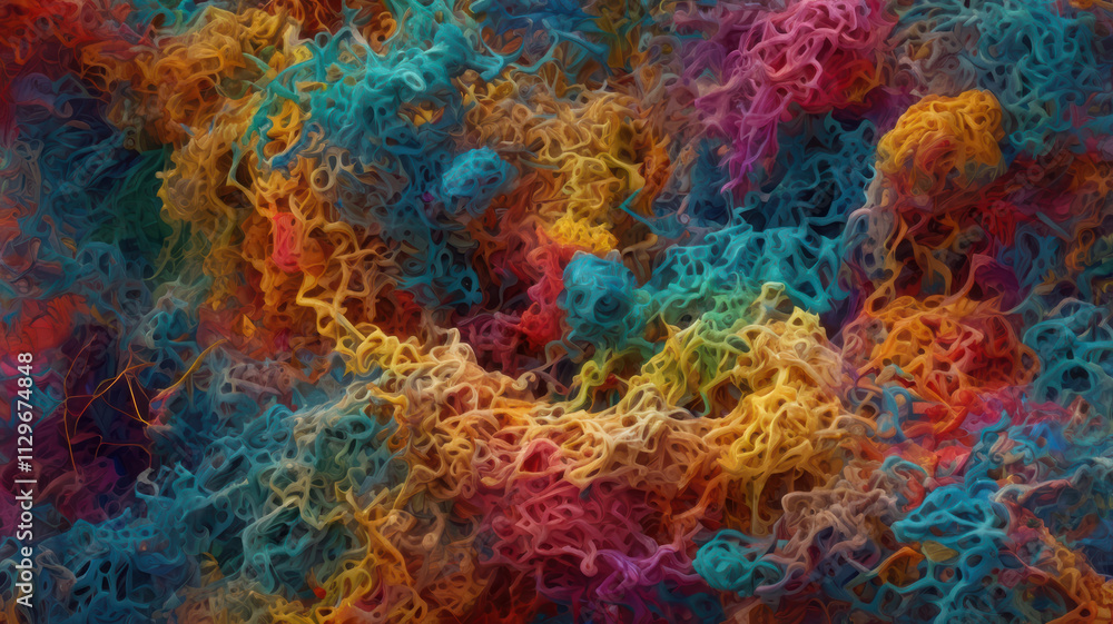 Poster colorful abstract representation of chaotic patterns resembling brain layers, showcasing vibrant hue