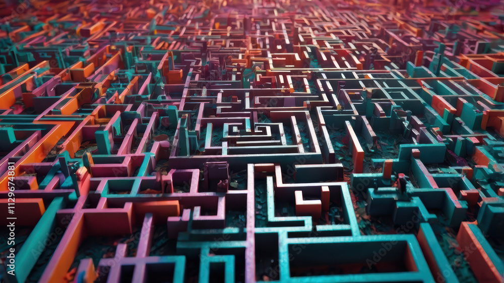Poster chaotic maze filled with vibrant colors and intricate pathways, representing complexity of thought a