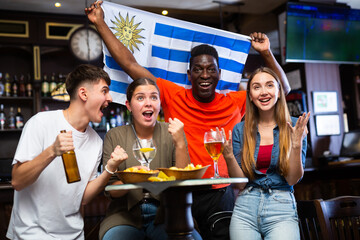 Group of Uruguay football team fans spending time in bar, drinking bear and having fun. People with state flag in pub.