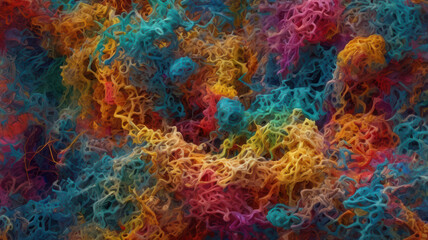 Colorful abstract representation of chaotic patterns resembling brain layers, showcasing vibrant hues and intricate textures. This visual evokes sense of complexity and creativity