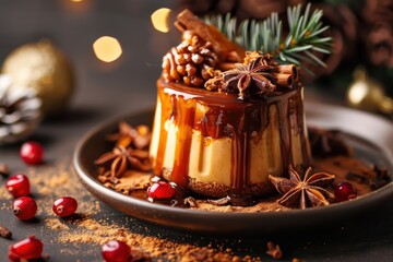Caramel layer atop Christmas pudding with cinnamon