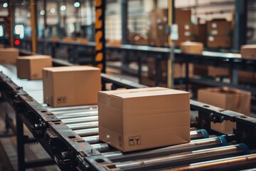Cardboard boxes on conveyor ready for courier distribution