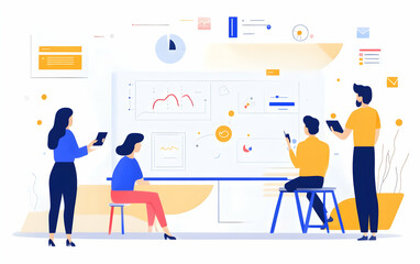 Innovative team discussing a roadmap for a product launch, surrounded by charts and presentations, AI Generated