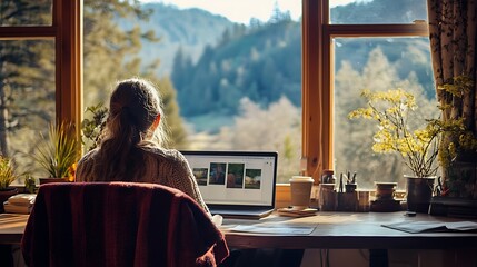 A person sitting at a home office desk, sipping coffee and looking out the window at a scenic view, enjoying the peaceful quietness of a staycation day 
