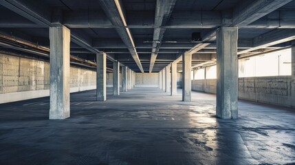 Concrete architecture with car park, empty cement floor.