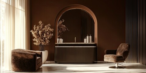 dark brown and gold modern beauty salon with luxury sofa, chair, arch mirror and elegant wall 