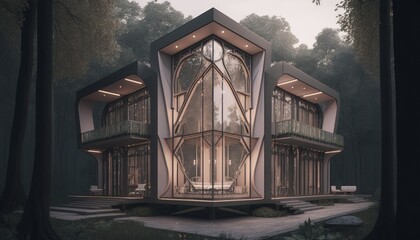 House or hotel with panoramic windows in forest.