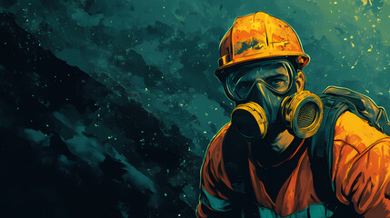 Obraz premium A construction worker wears a respirator and safety goggles while working in a dusty environment. Erosion. Illustration
