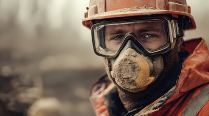 Fototapeta premium A construction worker wears a respirator and safety goggles while working in a dusty environment. Erosion. Illustration