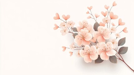 Cluster of flowers with heart-shaped leaves, soft romantic tones, vector style, isolated white background