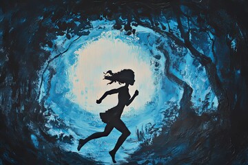 Fototapeta premium Running girl silhouette escapes into a mystical blue forest at twilight. Generative AI