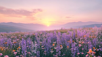 Naklejka premium Vibrant sunset over a field of wildflowers in mountainous terrain.