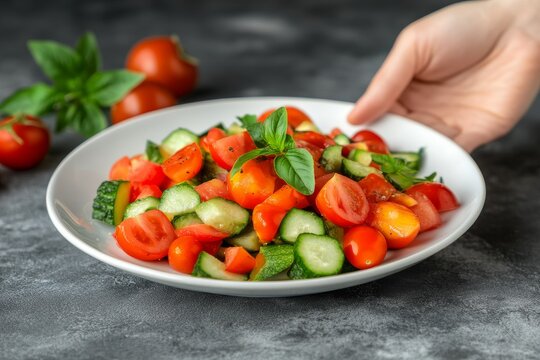 A fresh salad featuring vibrant cherry tomatoes and crisp cucumbers on a white plate, garnished with basil.