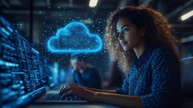 Employees utilizing cloud technology for collaborative projects in a modern office environment