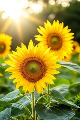 Fototapeta premium Vibrant sunflowers basking in the warm sunlight, showcasing their bright yellow petals and intricate centers.