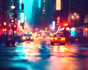 A vibrant urban scene at night, showcasing a taxi amid colorful city lights and reflections on a wet street.