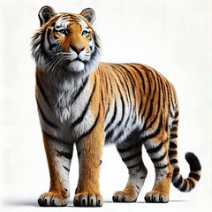 Fototapeta premium Tiger isolated on a white background, Side view, tiger standing full HD image generated by Ai. full body, realistic, full detail looking at the camera.