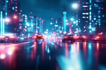 Obraz premium Vibrant cityscape at night with blurred motion of cars, featuring neon lights reflecting on wet streets.