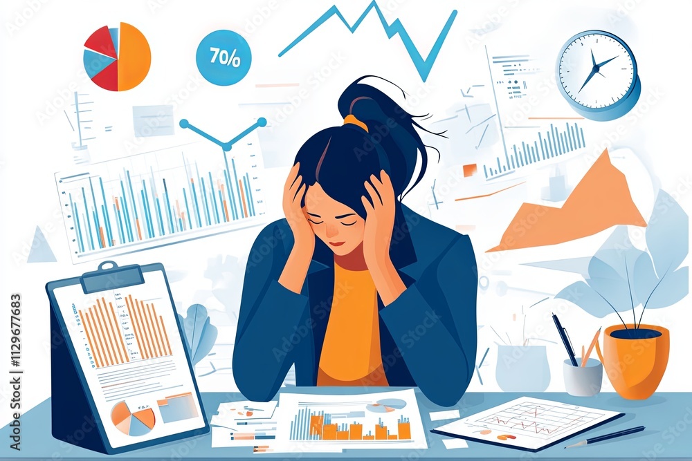 Poster stressful work session showcases overwhelmed woman managing complex data analysis and reports in mod