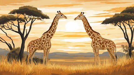 Two giraffes facing each other at sunset in African savanna.