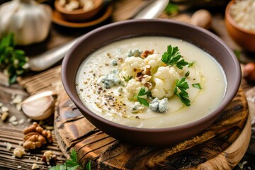 Cauliflower soup with blue cheese nuts herbs on wooden board ready for advertising