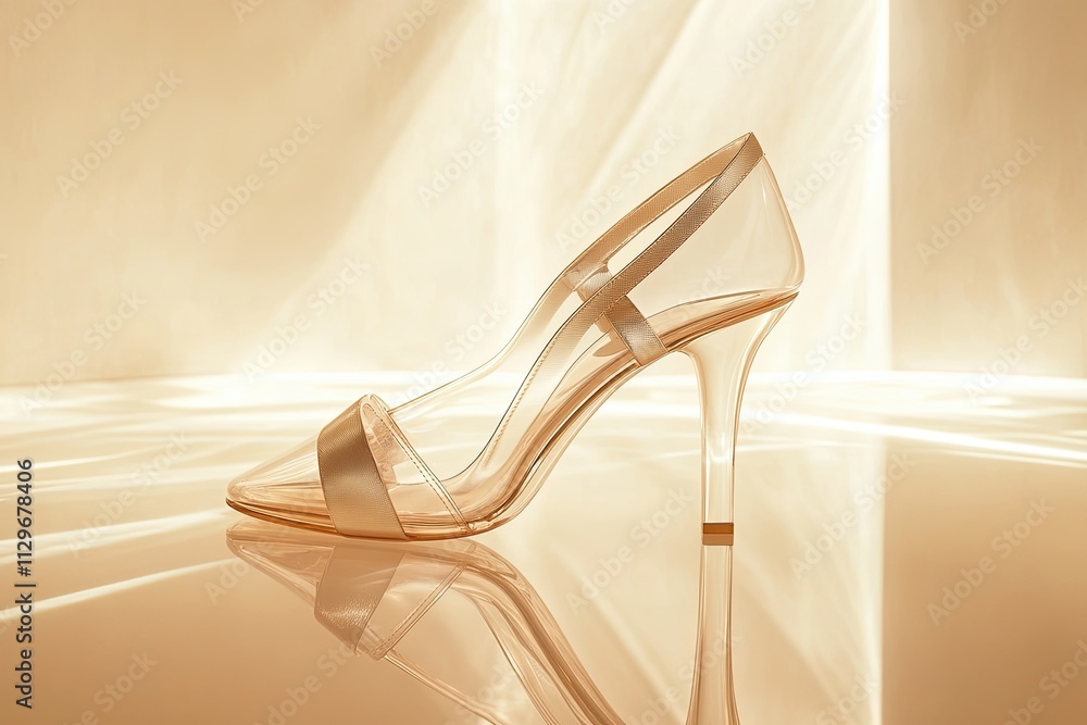 Poster elegant clear high heel shoe displayed on reflective surface with soft golden light highlighting its