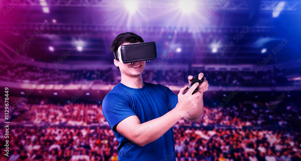 Poster adult holding joystick and wearing vr goggles while enjoy playing games at stadium with blurring bac