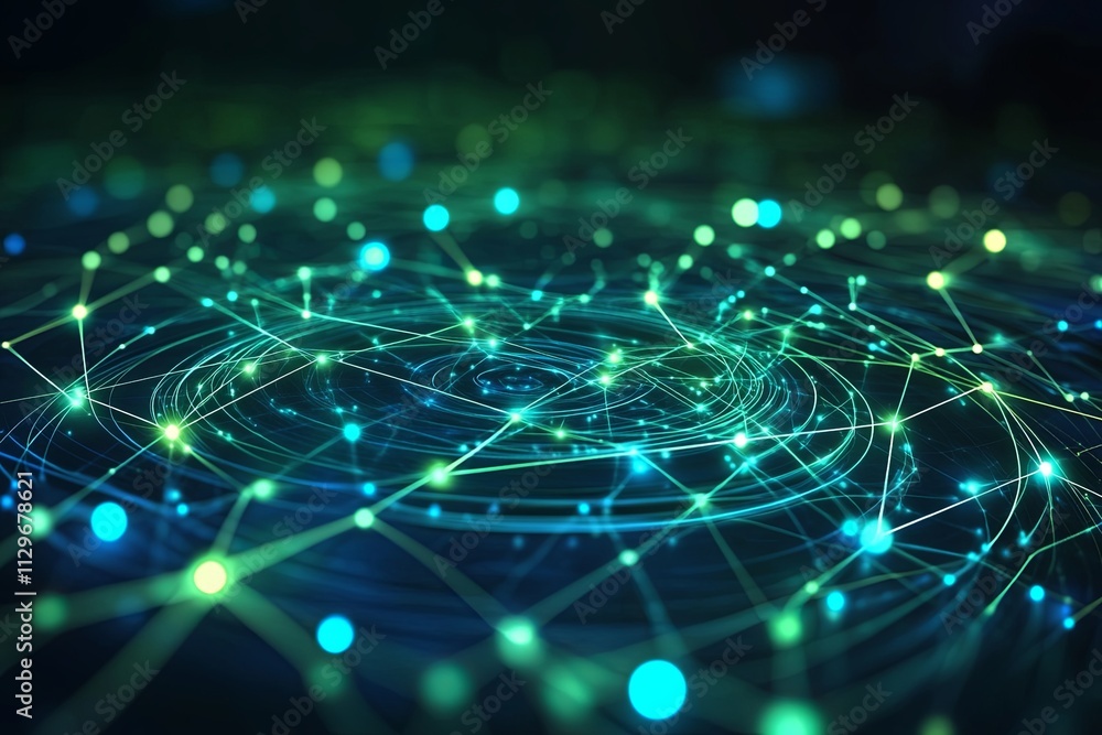 Poster intricate digital network with glowing nodes and lines representing connectivity across a dark backg